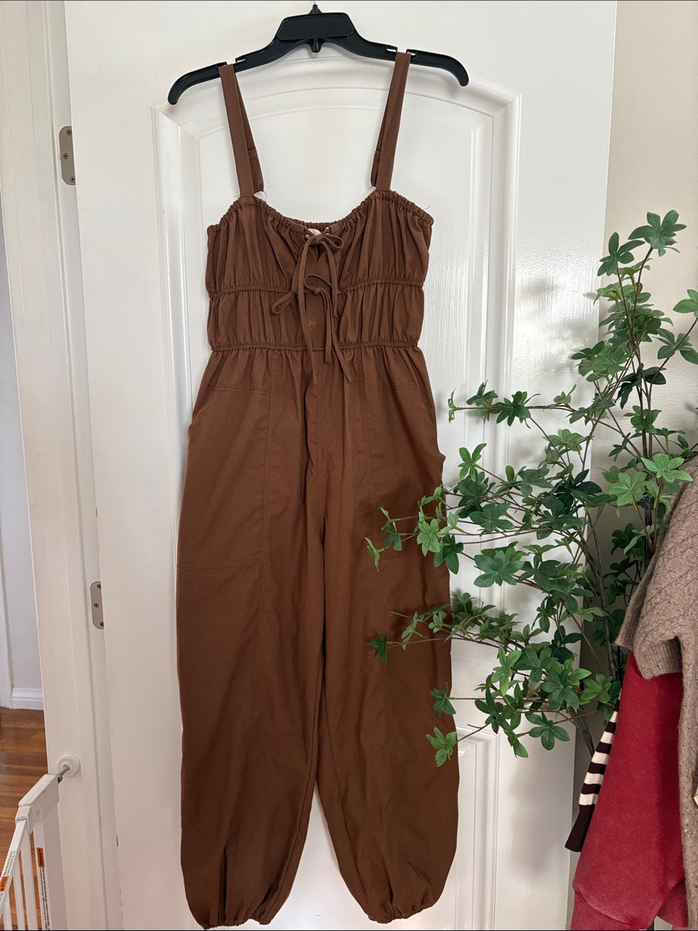 Casual Brown Drawstring Wide-Leg Jumpsuit